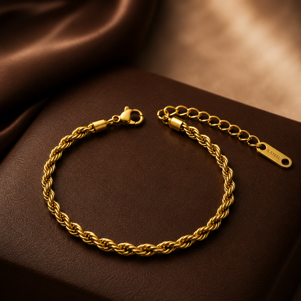 Golden Rope Flexi Size Steel THIN Bracelet (4MM) | 18K PVD Gold Plated- For Men | Includes: Bracelet