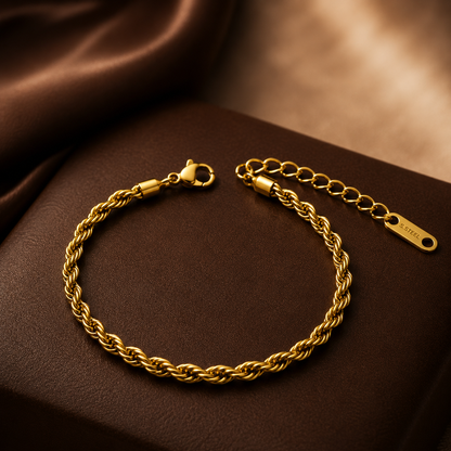 Golden Rope Flexi Size Steel THIN Bracelet (4MM) | 18K PVD Gold Plated- For Men | Includes: Bracelet