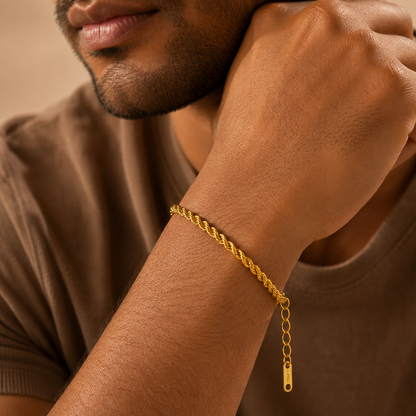 Golden Rope Flexi Size Steel THIN Bracelet (4MM) | 18K PVD Gold Plated- For Men | Includes: Bracelet