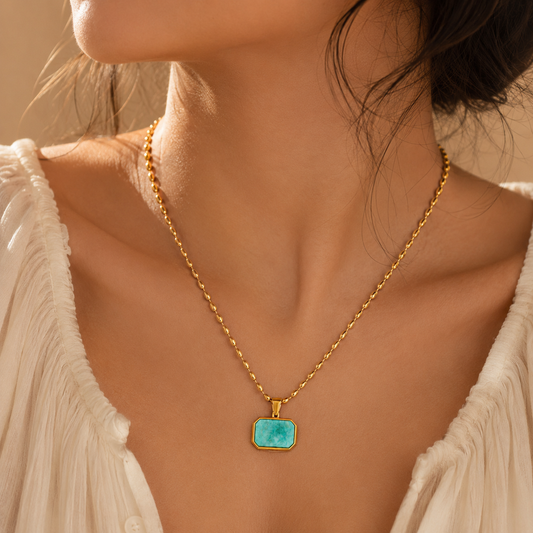 Lagoon Aqua RECTANGLE Necklace | Gold-Tone - For Women | Includes: Necklace