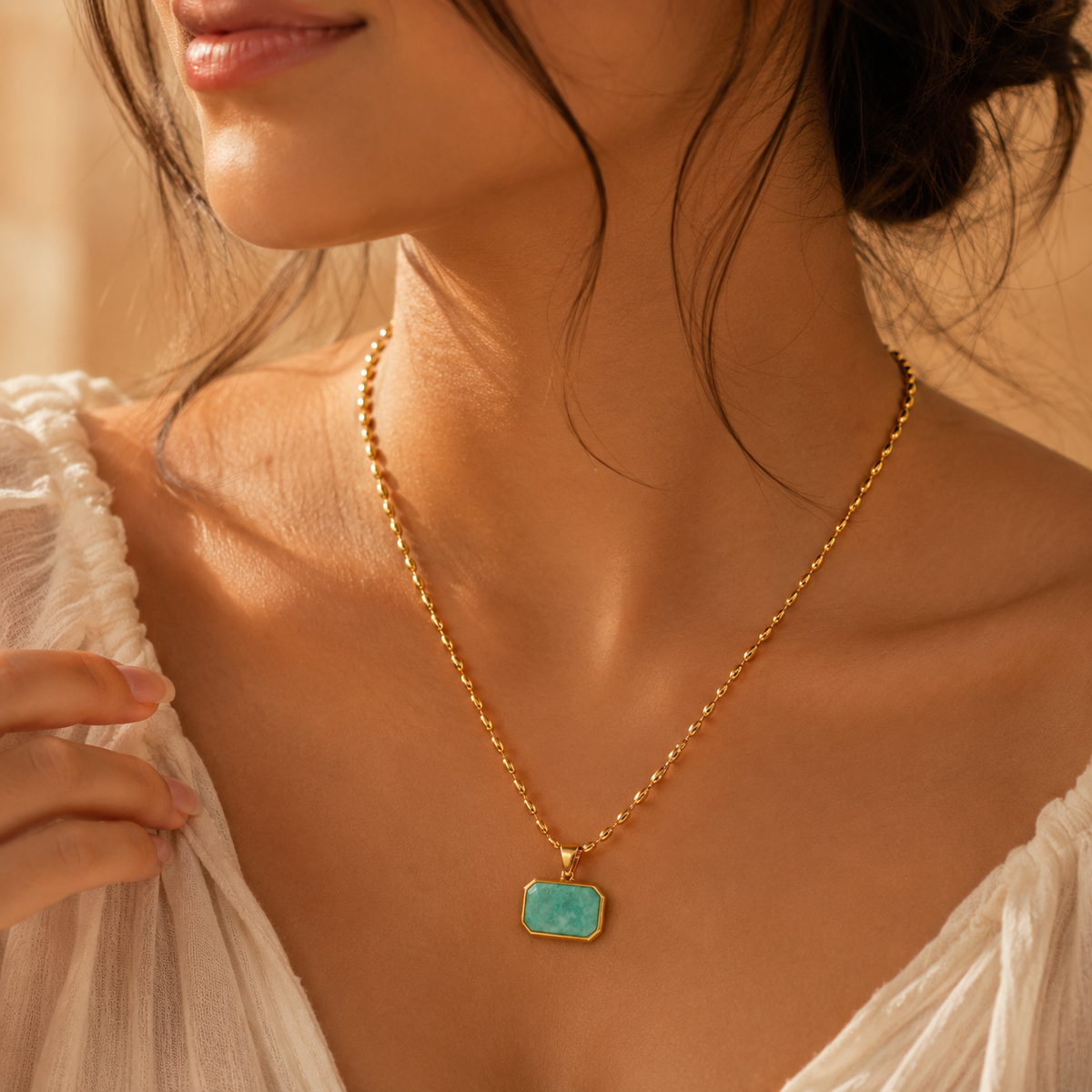 Lagoon Aqua RECTANGLE Necklace | Gold-Tone - For Women | Includes: Necklace