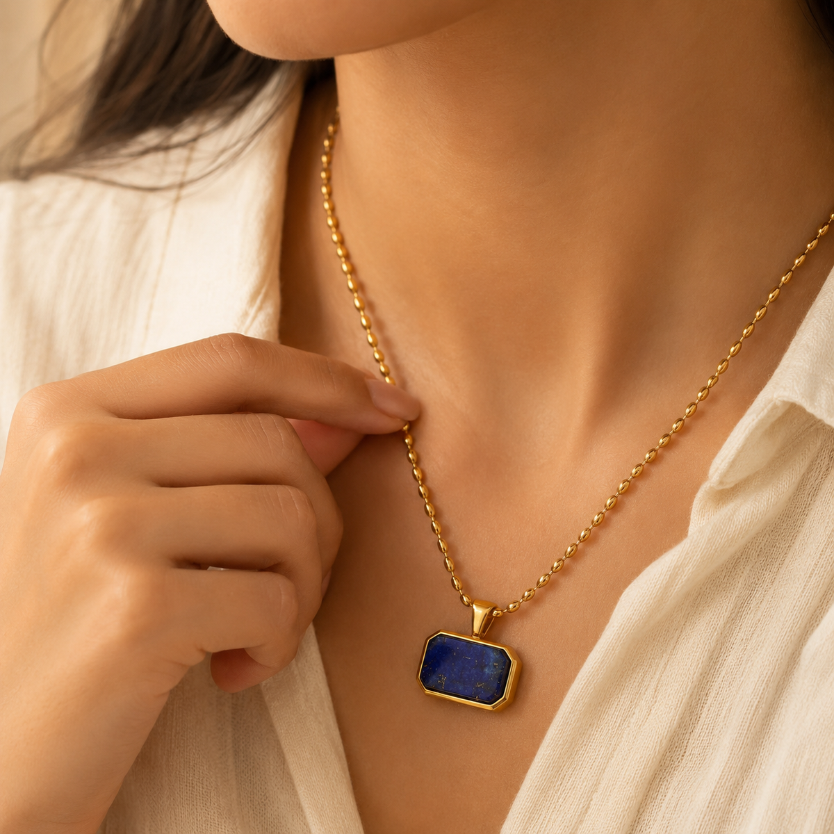 Azure Deep Blue RECTANGLE Necklace | Gold-Tone - For Women | Includes: Necklace