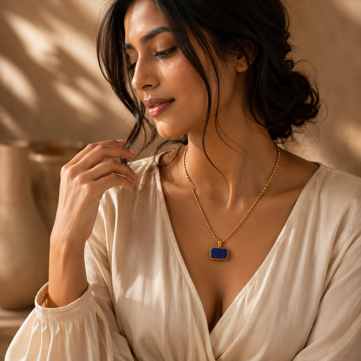 Azure Deep Blue RECTANGLE Necklace | Gold-Tone - For Women | Includes: Necklace