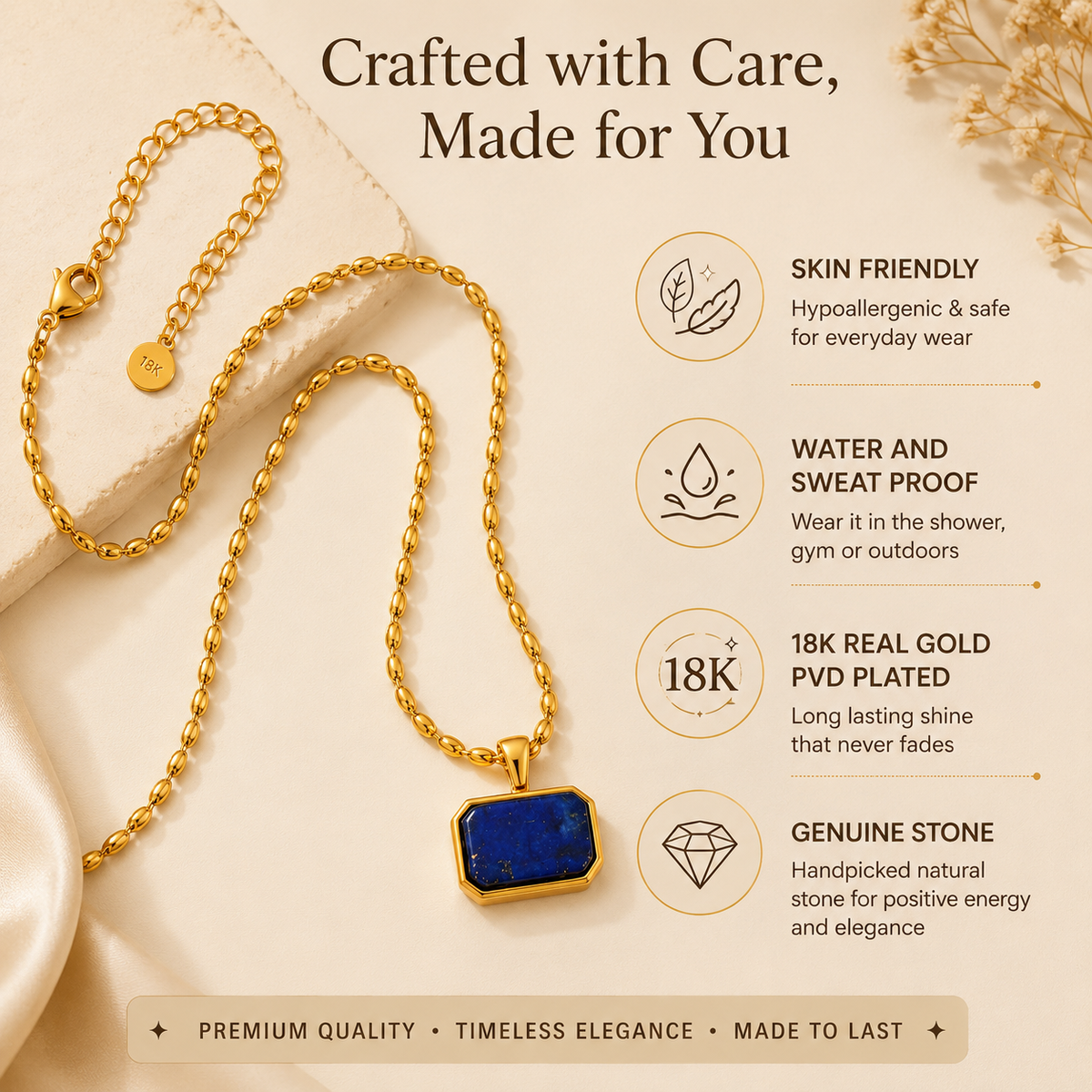Azure Deep Blue RECTANGLE Necklace | Gold-Tone - For Women | Includes: Necklace
