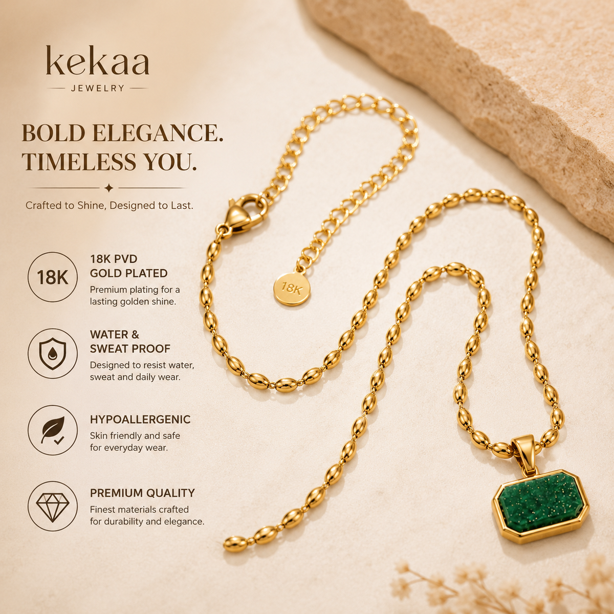 Verdant Deep Green RECTANGLE Necklace | Gold-Tone - For Women | Includes: Necklace