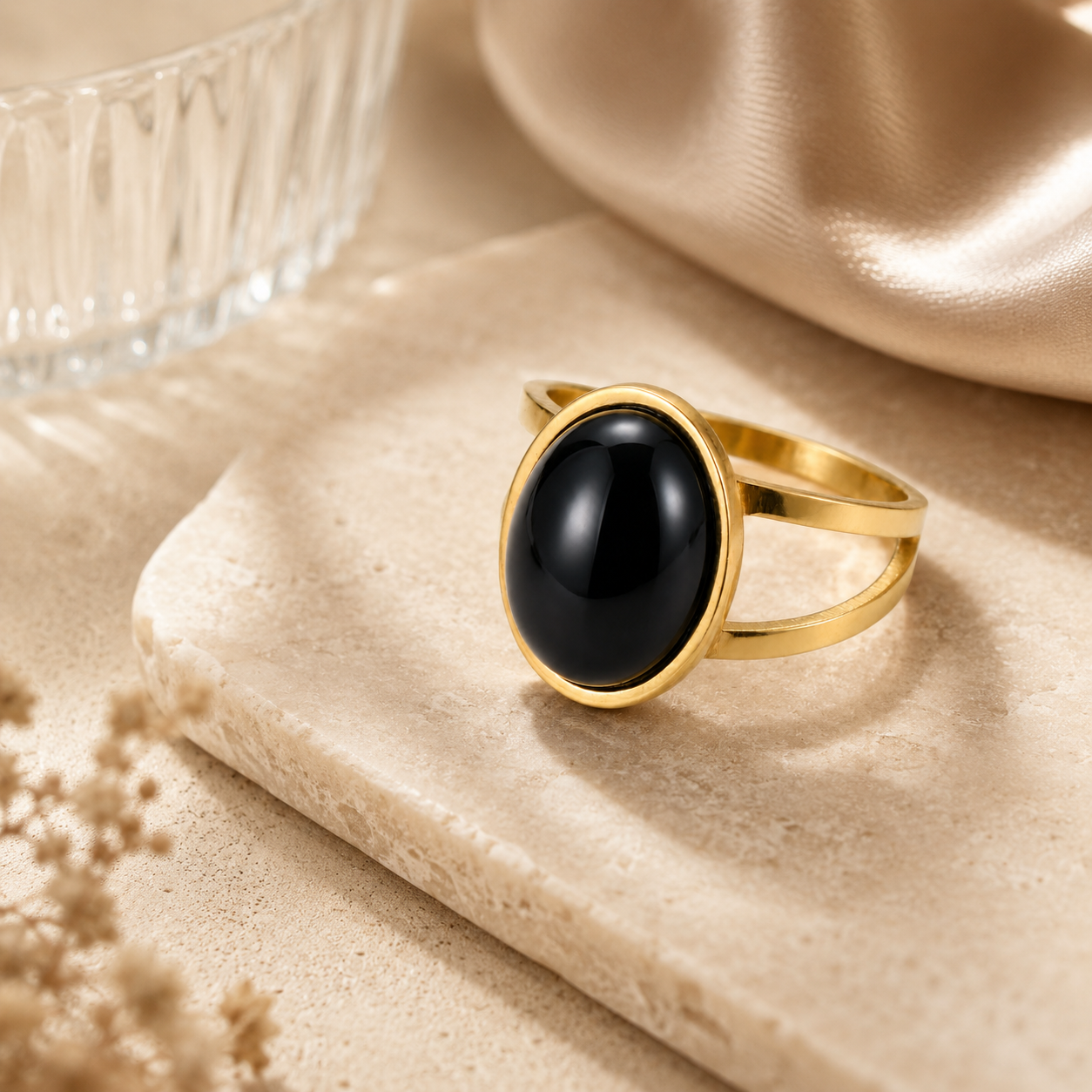 Black Onyx Stone Golden Dual Band Oval Ring | 18K Real Gold PVD Plated– For Women | Includes: Ring