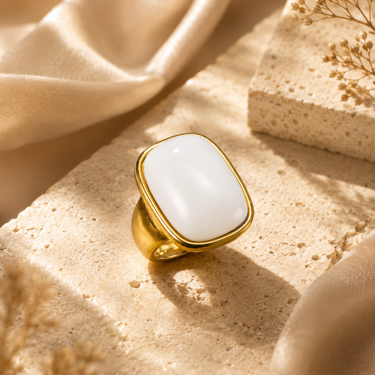 Ultra Bold Natural White Agate Stone Golden Ring | 18K Real Gold PVD Plated– For Women | Includes: Ring