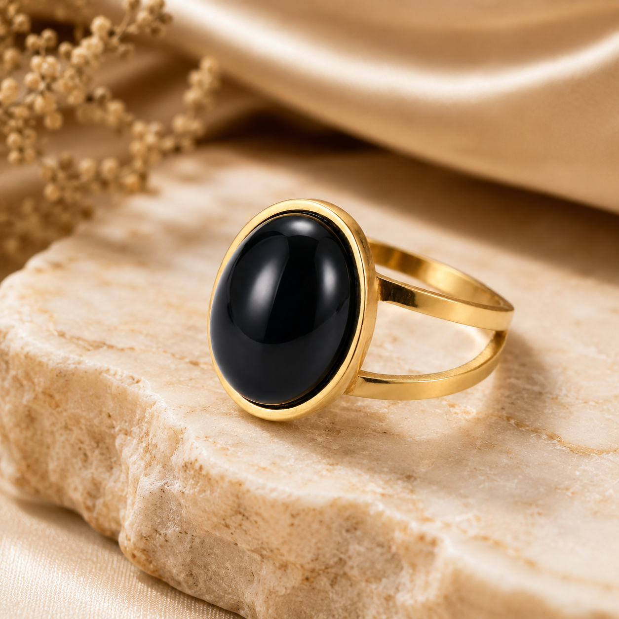Black Onyx Stone Golden Dual Band Oval Ring | 18K Real Gold PVD Plated– For Women | Includes: Ring
