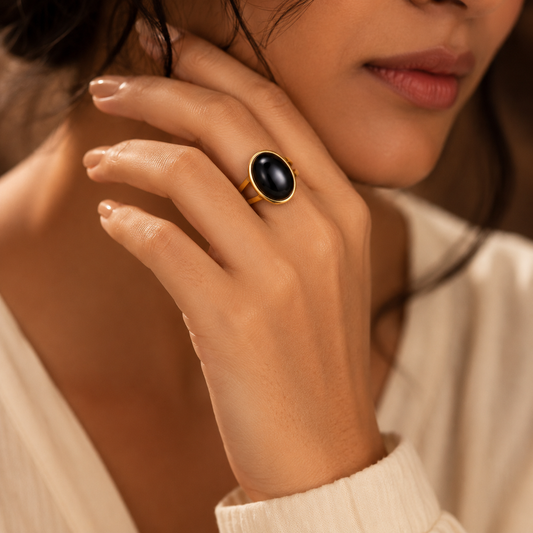 Black Onyx Stone Golden Dual Band Oval Ring | 18K Real Gold PVD Plated– For Women | Includes: Ring