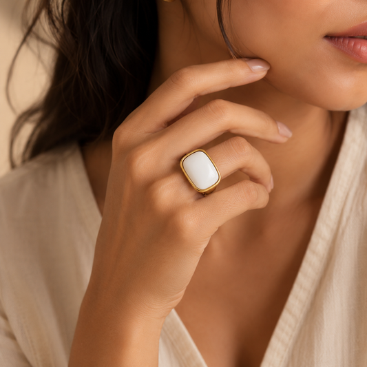 Ultra Bold Natural White Agate Stone Golden Ring | 18K Real Gold PVD Plated– For Women | Includes: Ring