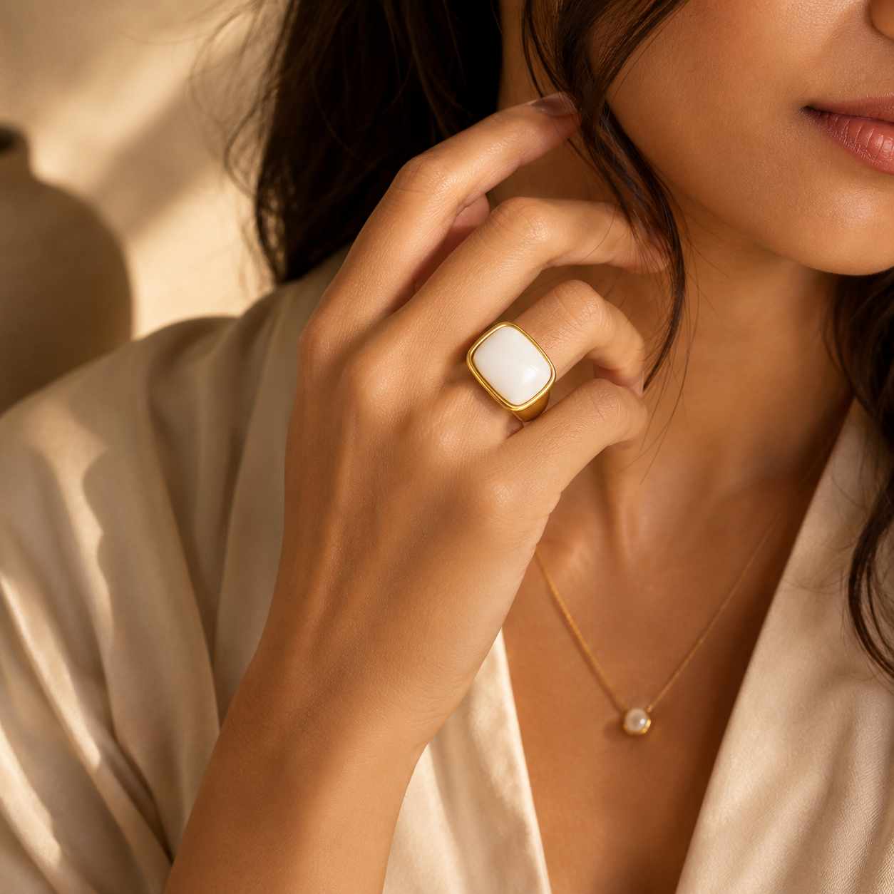Ultra Bold Natural White Agate Stone Golden Ring | 18K Real Gold PVD Plated– For Women | Includes: Ring