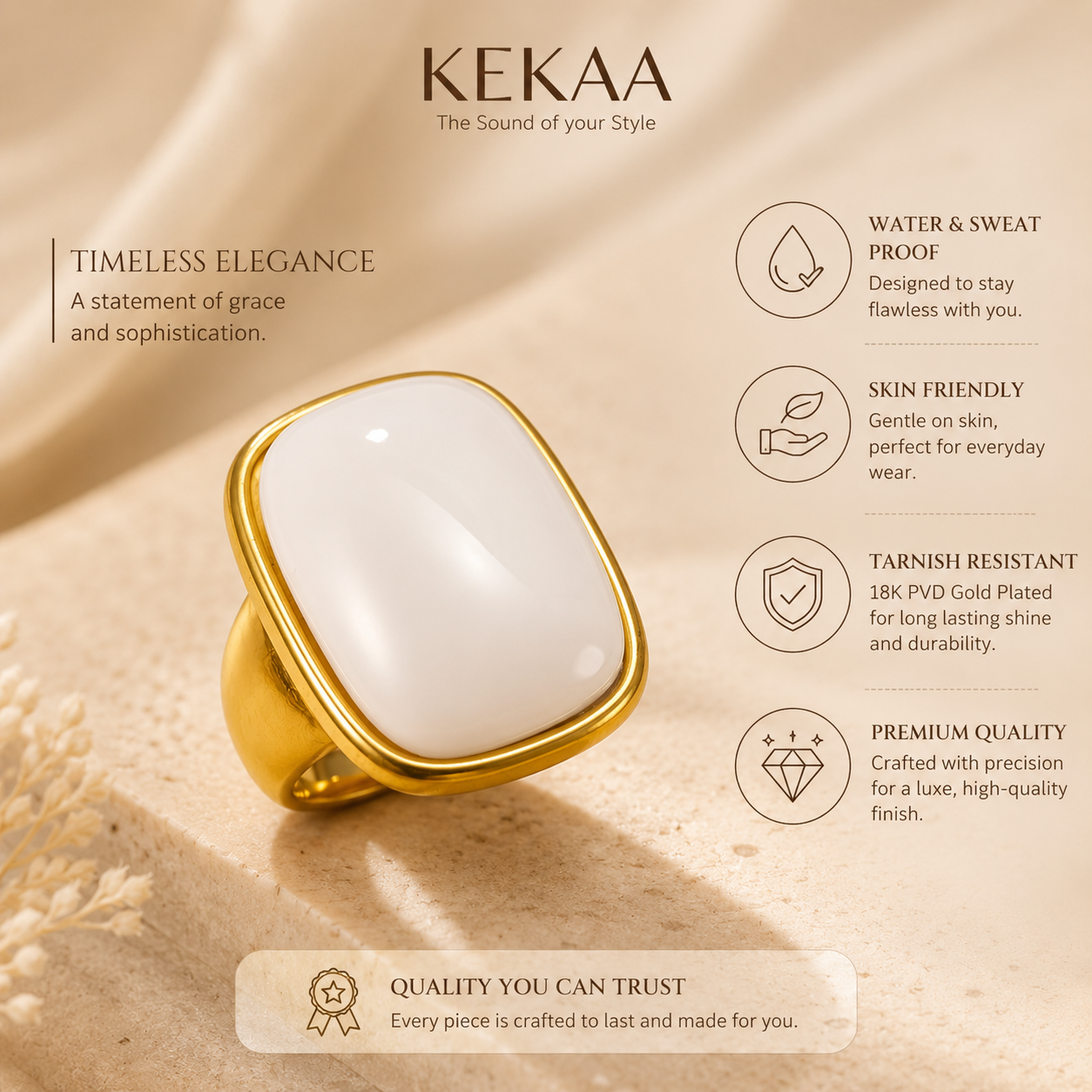 Ultra Bold Natural White Agate Stone Golden Ring | 18K Real Gold PVD Plated– For Women | Includes: Ring
