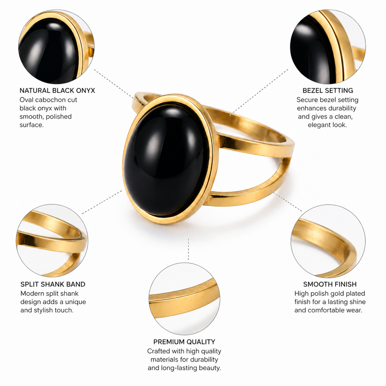 Black Onyx Stone Golden Dual Band Oval Ring | 18K Real Gold PVD Plated– For Women | Includes: Ring
