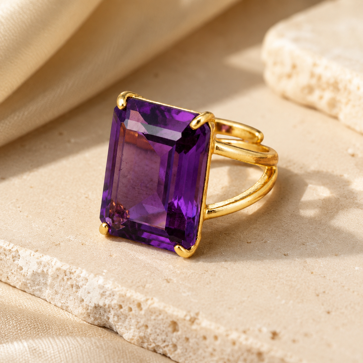 BOLD Natural Amethyst Stone Golden Flexi Size Ring | 18K Real Gold PVD Plated– For Women | Includes: Ring