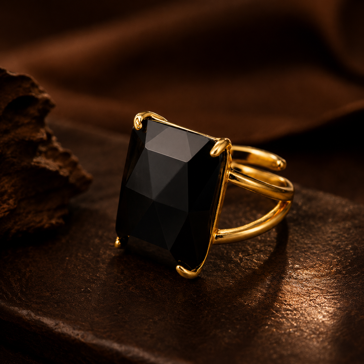 BOLD Blaxk Onyx Stone Golden Flexi Size Ring | 18K Real Gold PVD Plated– For Women | Includes: Ring