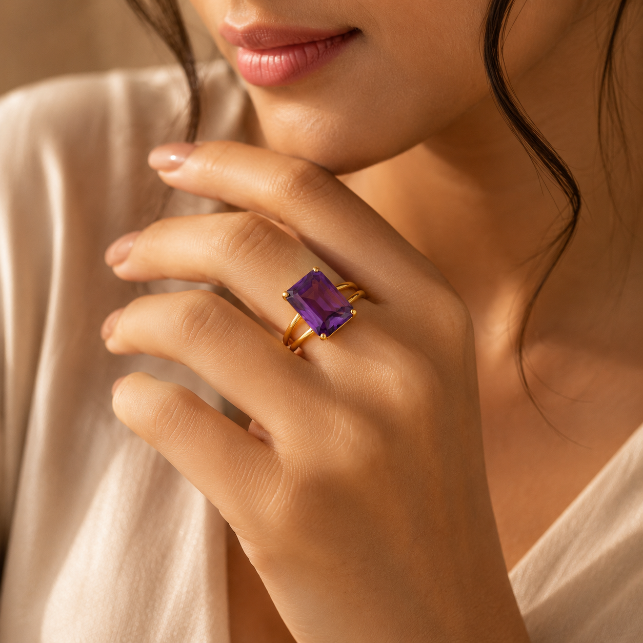 BOLD Natural Amethyst Stone Golden Flexi Size Ring | 18K Real Gold PVD Plated– For Women | Includes: Ring