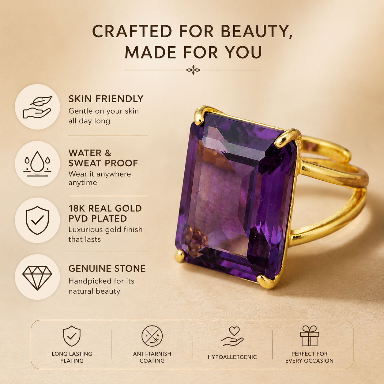 BOLD Natural Amethyst Stone Golden Flexi Size Ring | 18K Real Gold PVD Plated– For Women | Includes: Ring