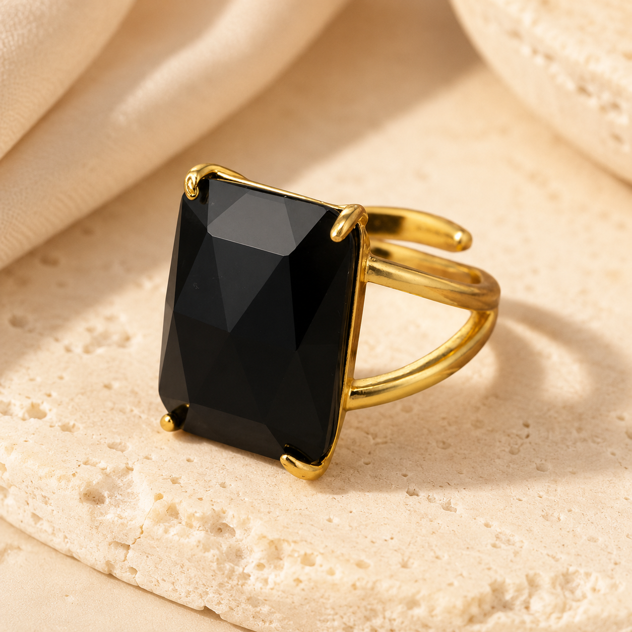 BOLD Blaxk Onyx Stone Golden Flexi Size Ring | 18K Real Gold PVD Plated– For Women | Includes: Ring