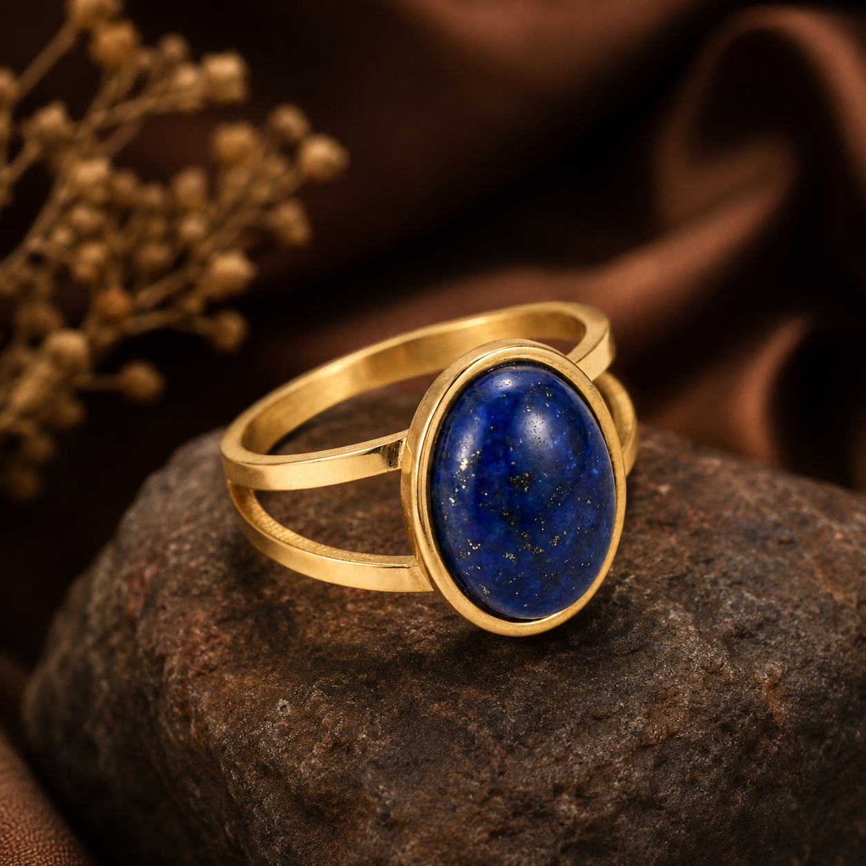 Lapis Lazuli Stone Golden Dual Band Oval Ring | 18K Real Gold PVD Plated– For Women | Includes: Ring