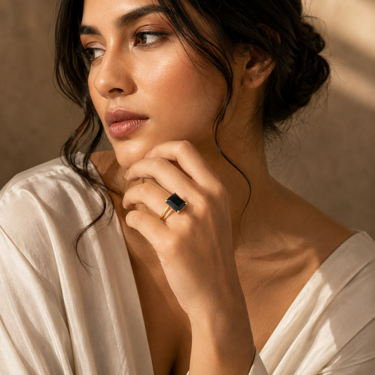 BOLD Blaxk Onyx Stone Golden Flexi Size Ring | 18K Real Gold PVD Plated– For Women | Includes: Ring