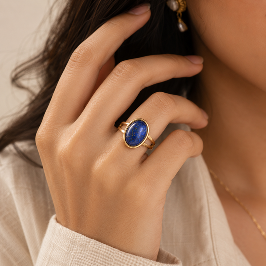 Lapis Lazuli Stone Golden Dual Band Oval Ring | 18K Real Gold PVD Plated– For Women | Includes: Ring
