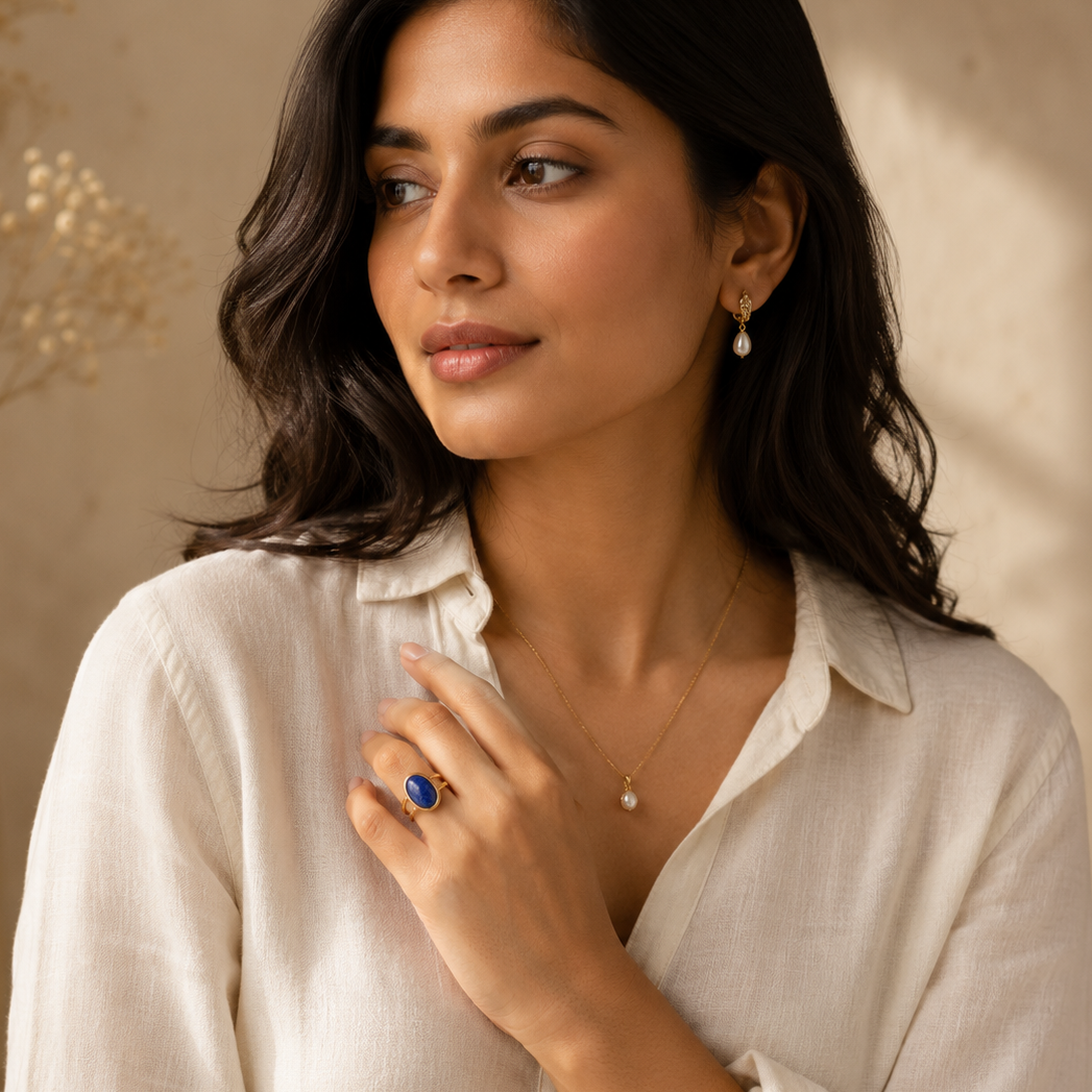 Lapis Lazuli Stone Golden Dual Band Oval Ring | 18K Real Gold PVD Plated– For Women | Includes: Ring