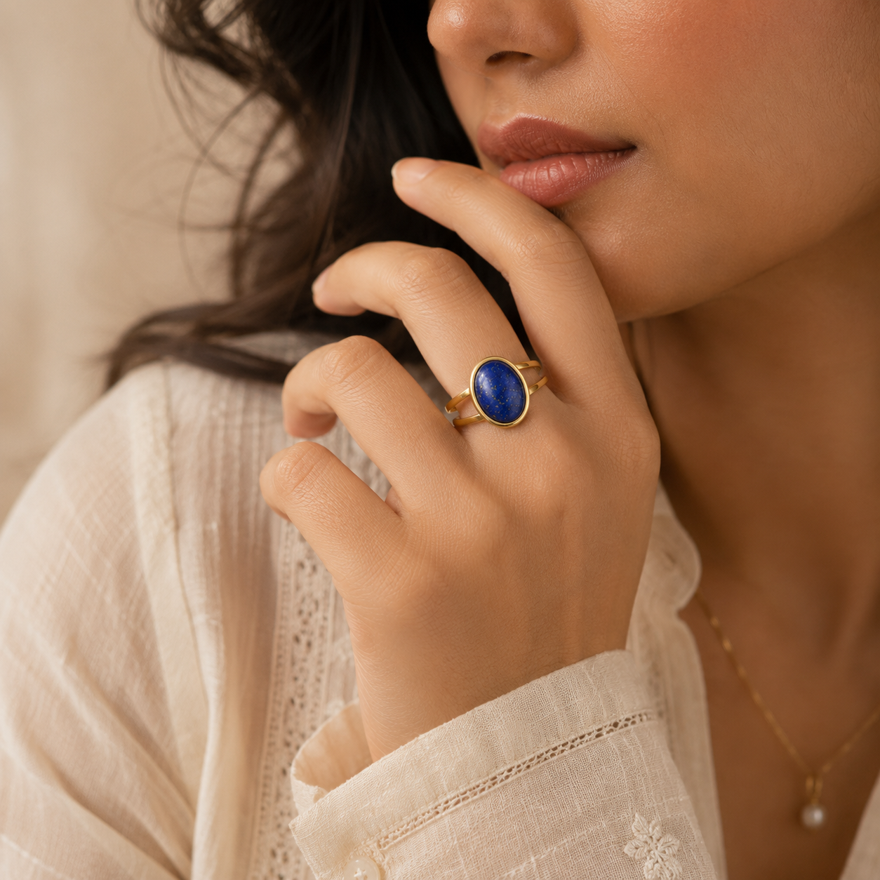 Lapis Lazuli Stone Golden Dual Band Oval Ring | 18K Real Gold PVD Plated– For Women | Includes: Ring