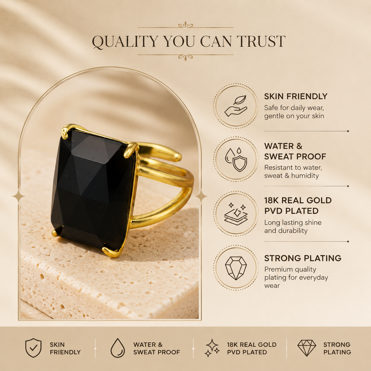 BOLD Blaxk Onyx Stone Golden Flexi Size Ring | 18K Real Gold PVD Plated– For Women | Includes: Ring