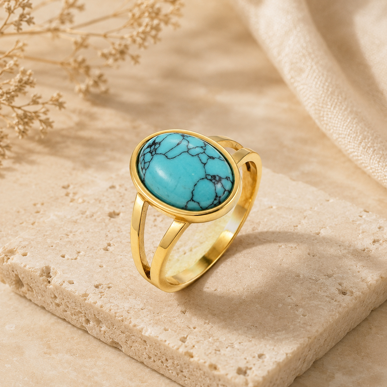 Turquoise Stone Golden Dual Band Oval Ring | 18K Real Gold PVD Plated– For Women | Includes: Ring
