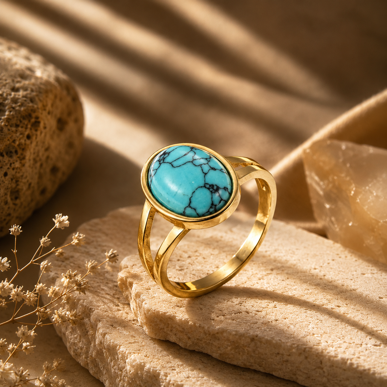 Turquoise Stone Golden Dual Band Oval Ring | 18K Real Gold PVD Plated– For Women | Includes: Ring