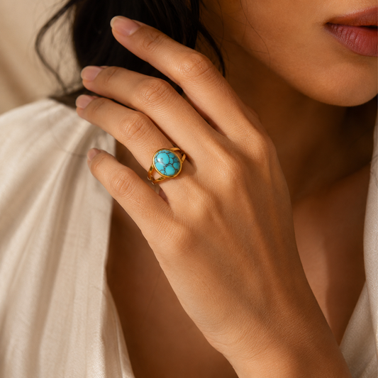 Turquoise Stone Golden Dual Band Oval Ring | 18K Real Gold PVD Plated– For Women | Includes: Ring