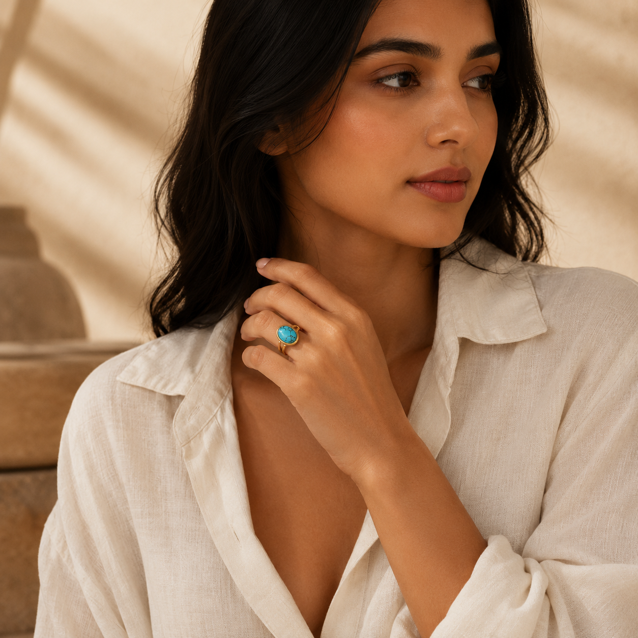 Turquoise Stone Golden Dual Band Oval Ring | 18K Real Gold PVD Plated– For Women | Includes: Ring