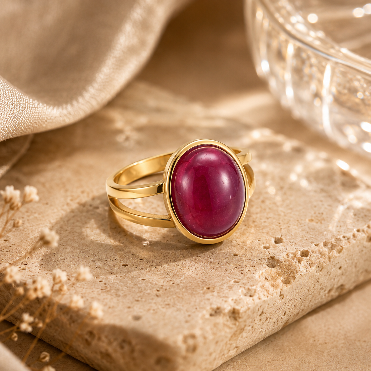 Pink Aventurine Stone Golden Dual Band Oval Ring | 18K Real Gold PVD Plated– For Women | Includes: Ring
