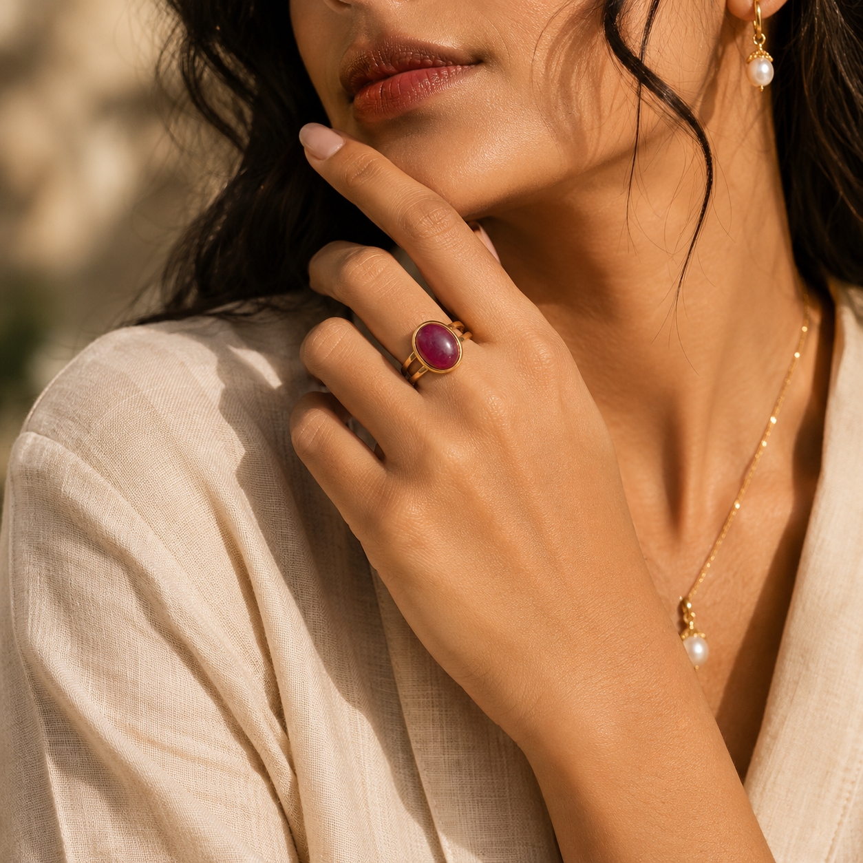 Pink Aventurine Stone Golden Dual Band Oval Ring | 18K Real Gold PVD Plated– For Women | Includes: Ring