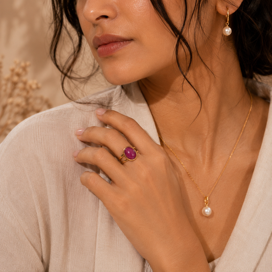 Pink Aventurine Stone Golden Dual Band Oval Ring | 18K Real Gold PVD Plated– For Women | Includes: Ring