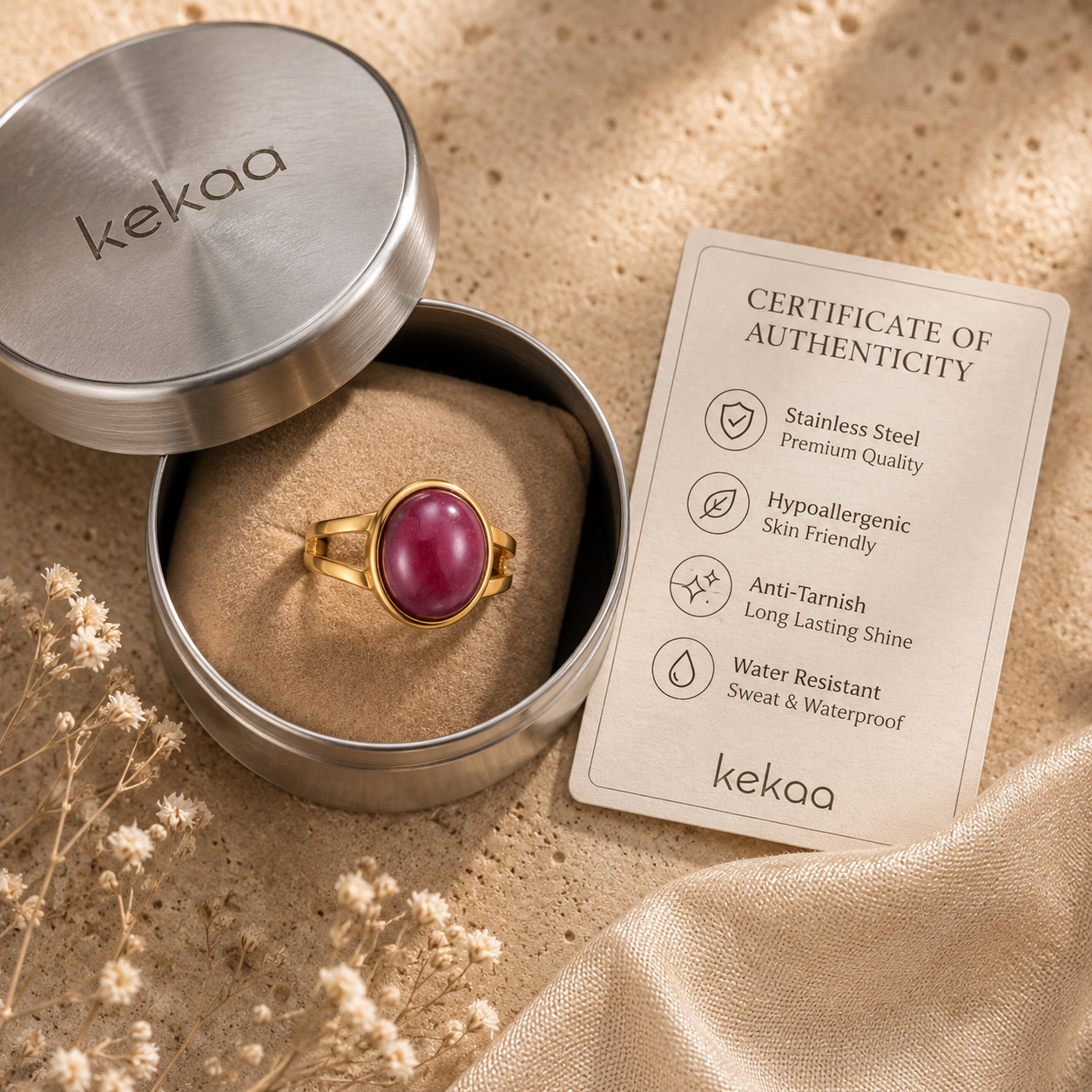 Pink Aventurine Stone Golden Dual Band Oval Ring | 18K Real Gold PVD Plated– For Women | Includes: Ring