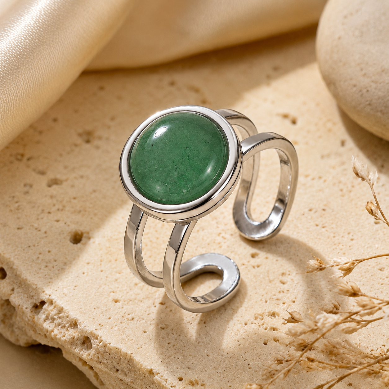Adjustable Ring with Green Aventurine Stone| Silver Plated -For Women | Includes: Ring