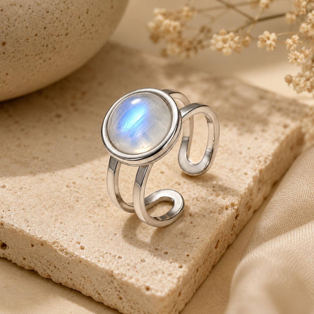 Adjustable Ring with White Quartz Stone| Silver Plated -For Women | Includes: Ring