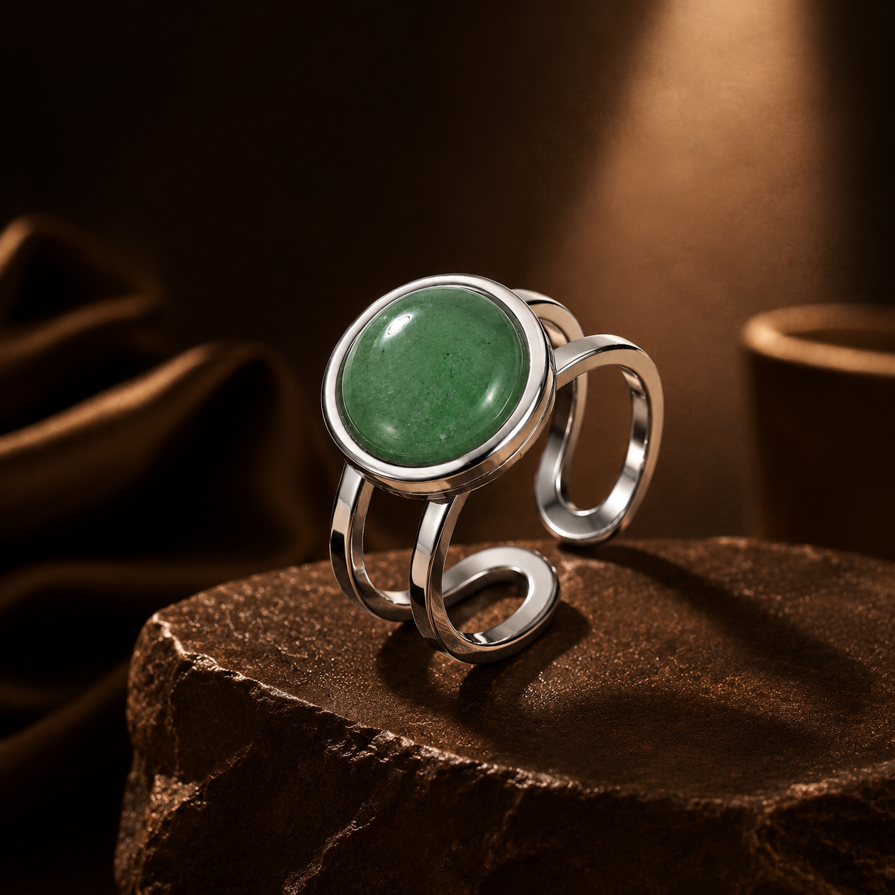 Adjustable Ring with Green Aventurine Stone| Silver Plated -For Women | Includes: Ring