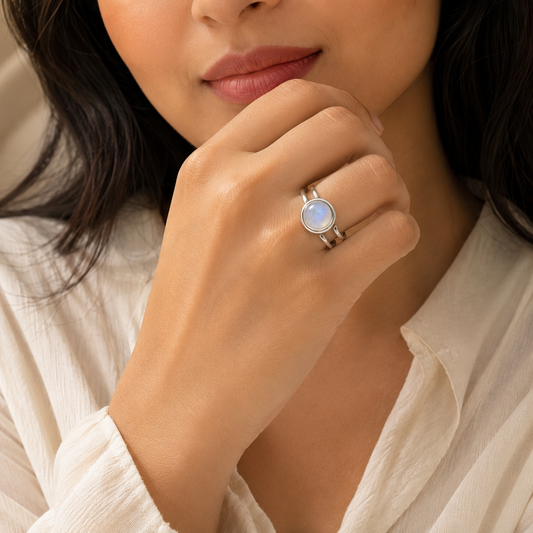 Adjustable Ring with White Quartz Stone| Silver Plated -For Women | Includes: Ring