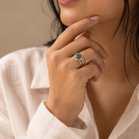 Adjustable Ring with Green Aventurine Stone| Silver Plated -For Women | Includes: Ring