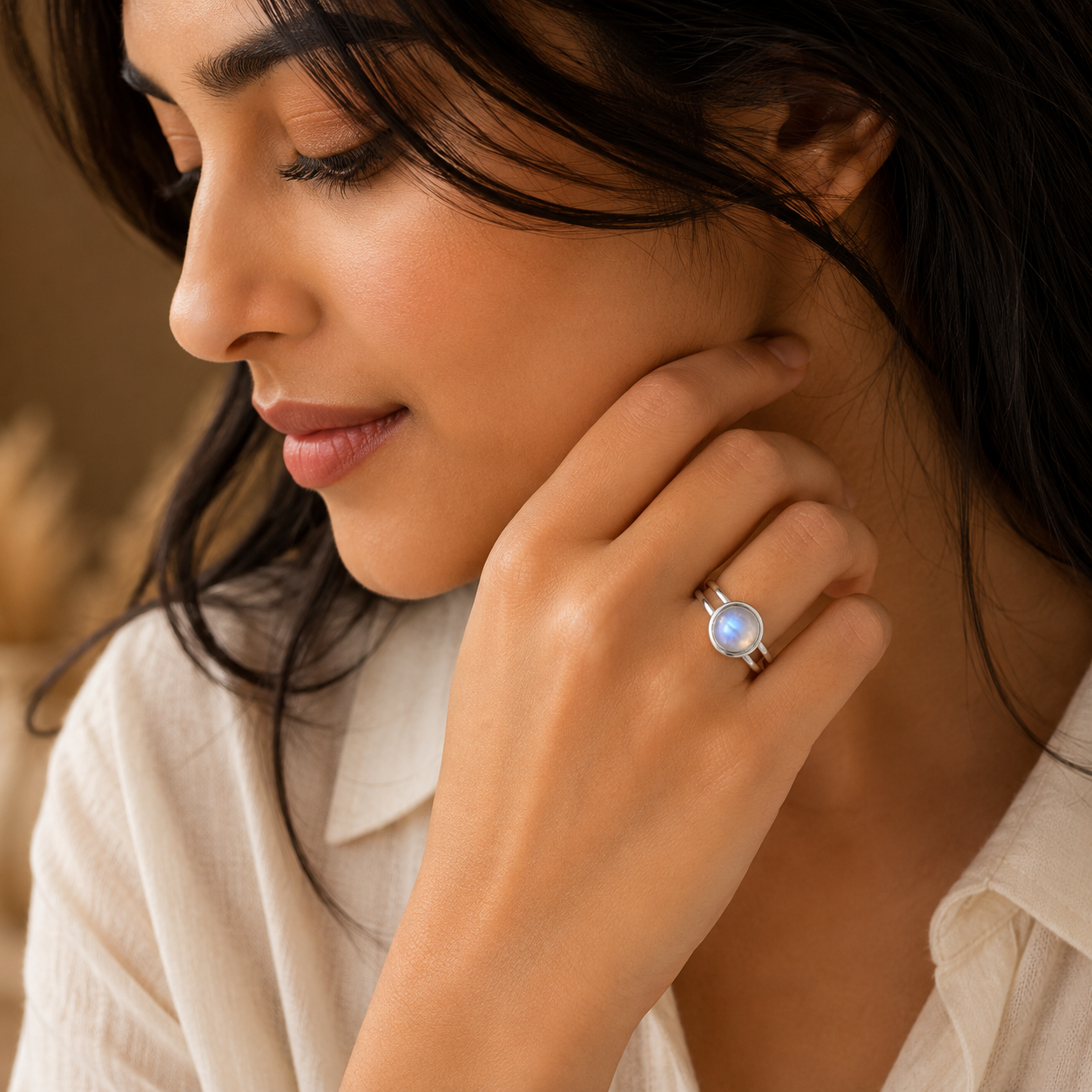 Adjustable Ring with White Quartz Stone| Silver Plated -For Women | Includes: Ring