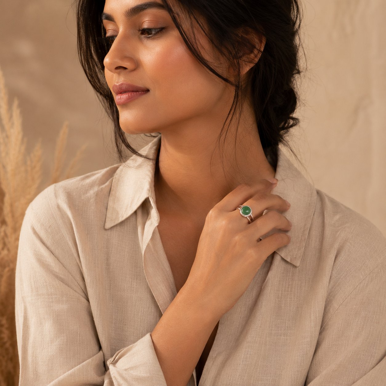 Adjustable Ring with Green Aventurine Stone| Silver Plated -For Women | Includes: Ring