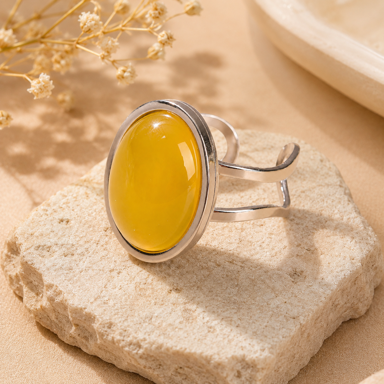 Real Yellow Calcite Oval Stone Ring | Fadeproof STEEL– For Women | Includes: Ring