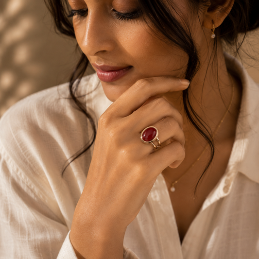 Real Red Onyx Oval Stone Ring | Fadeproof STEEL– For Women | Includes: Ring