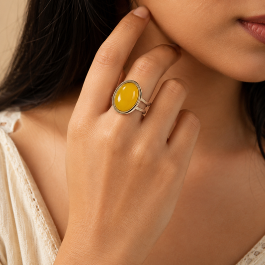 Real Yellow Calcite Oval Stone Ring | Fadeproof STEEL– For Women | Includes: Ring