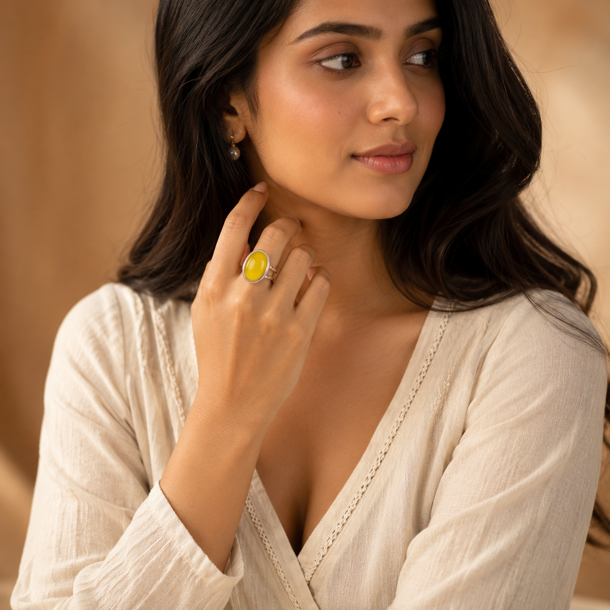 Real Yellow Calcite Oval Stone Ring | Fadeproof STEEL– For Women | Includes: Ring