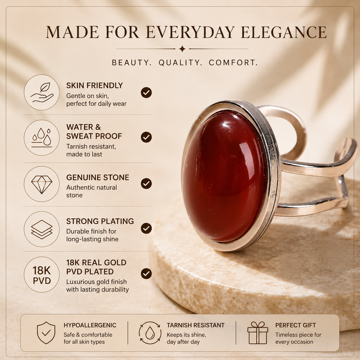 Real Red Onyx Oval Stone Ring | Fadeproof STEEL– For Women | Includes: Ring