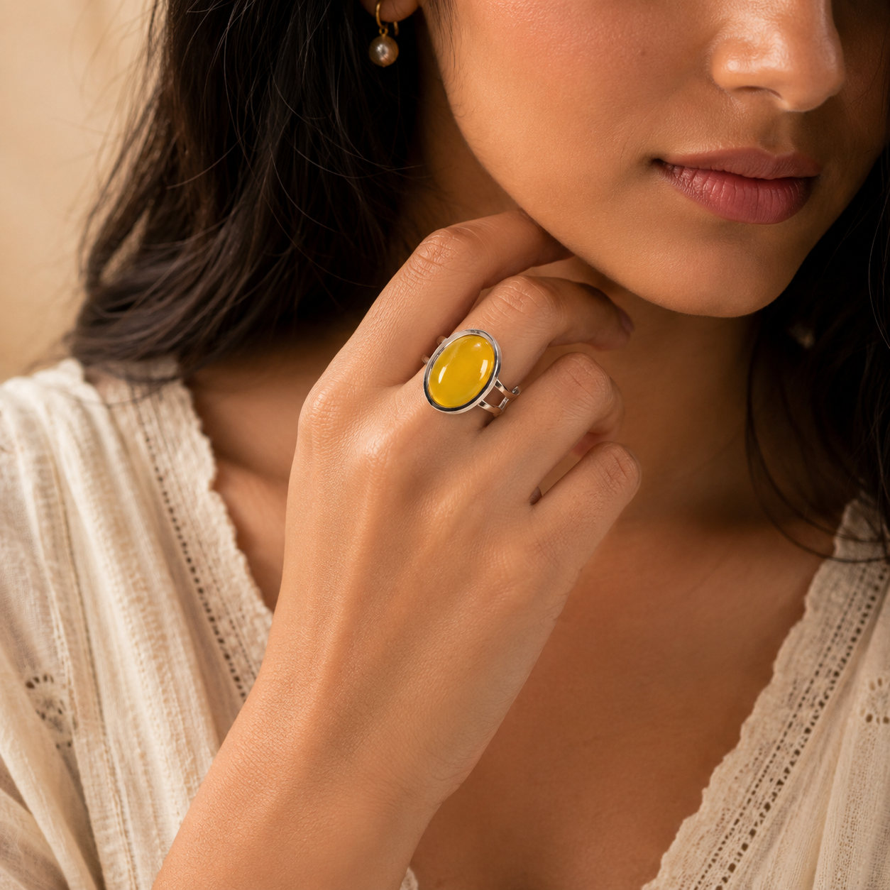 Real Yellow Calcite Oval Stone Ring | Fadeproof STEEL– For Women | Includes: Ring