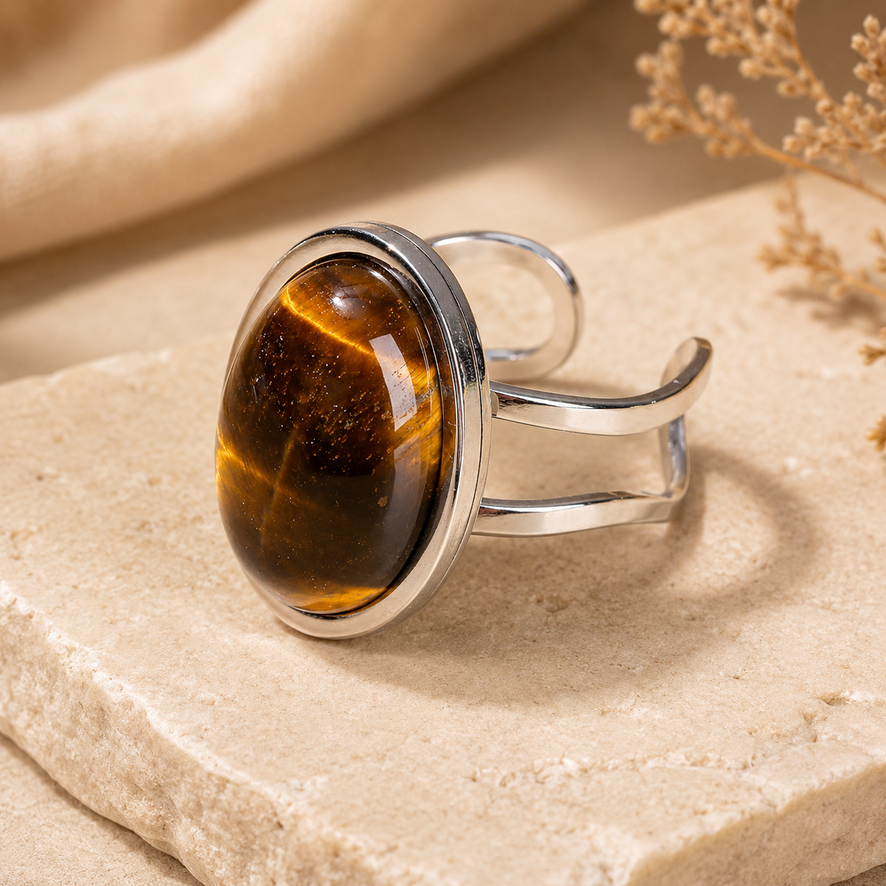Real Tiger Eye Oval Stone Ring | Fadeproof STEEL– For Women | Includes: Ring
